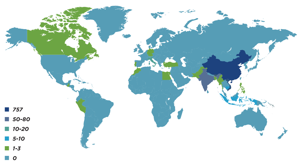 World Map Diagram of 981 Manufacturers in 27 Countries