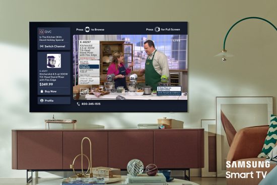 A photo of a QVC show streaming on a Samsung TV in a living room