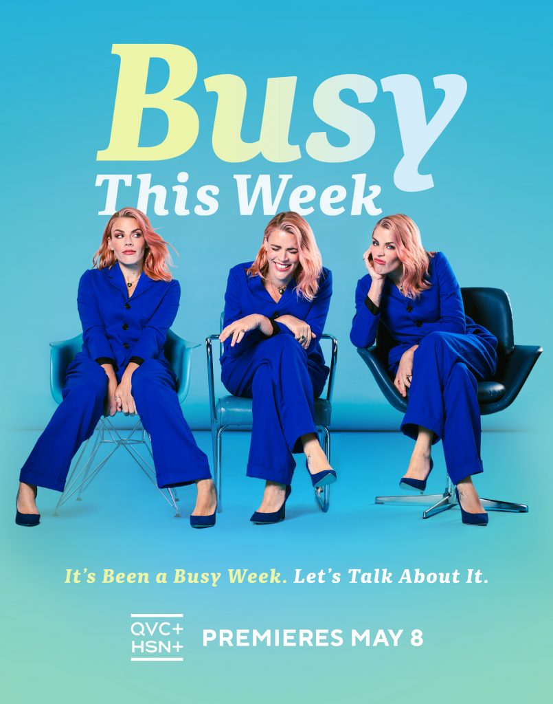 Actress Busy Philipps is sitting in three different chairs and is posing in three different ways while wearing a blue pant suit and blue heels.